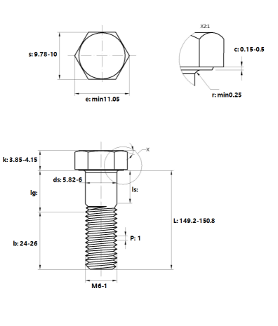 Bulong Thép Đen 8.8 DIN931 M6x150 Ren Lửng_drawing