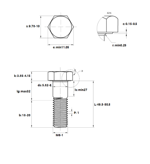 Bulong Mạ Kẽm 8.8 DIN931 M6x50 Ren Lửng_drawing