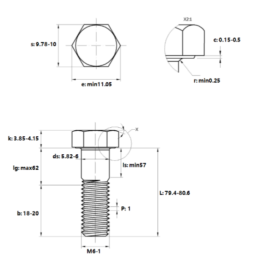 Bulong Mạ Kẽm 8.8 DIN931 M6x80 Ren Lửng_drawing