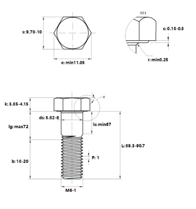 Bulong Thép Đen 8.8 DIN931 M6x90 Ren Lửng_drawing
