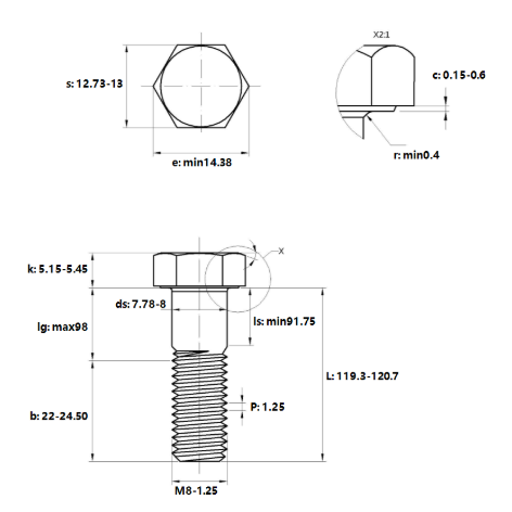 Bulong Thép Đen 8.8 DIN931 M8x120 Ren Lửng_drawing
