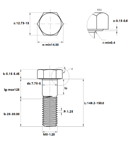 Bulong Thép Đen 8.8 DIN931 M8x150 Ren Lửng_drawing