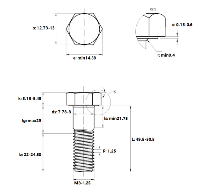 Bulong Thép Đen 8.8 DIN931 M8x50 Ren Lửng_drawing
