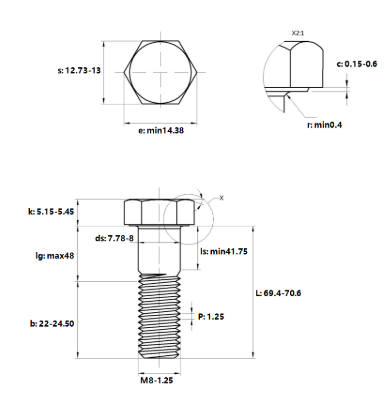 Bulong Thép Đen 8.8 DIN931 M8x70 Ren Lửng_drawing