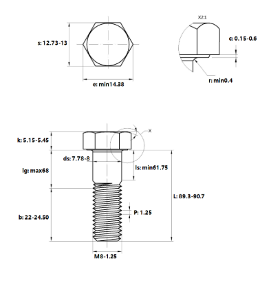Bulong Thép Đen 8.8 DIN931 M8x90 Ren Lửng_drawing