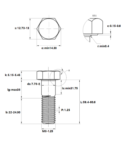 Bulong Thép Đen 8.8 DIN931 M8x60 Ren Lửng_drawing