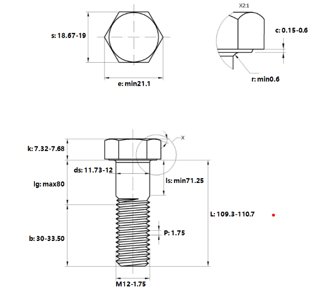 Bulong Thép Đen 8.8 DIN931 M12x110 Ren Lửng_drawing