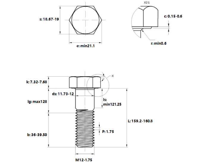 Bulong Mạ Kẽm Trắng Cr3+ 8.8 DIN931 M12x160 Ren Lửng_drawing