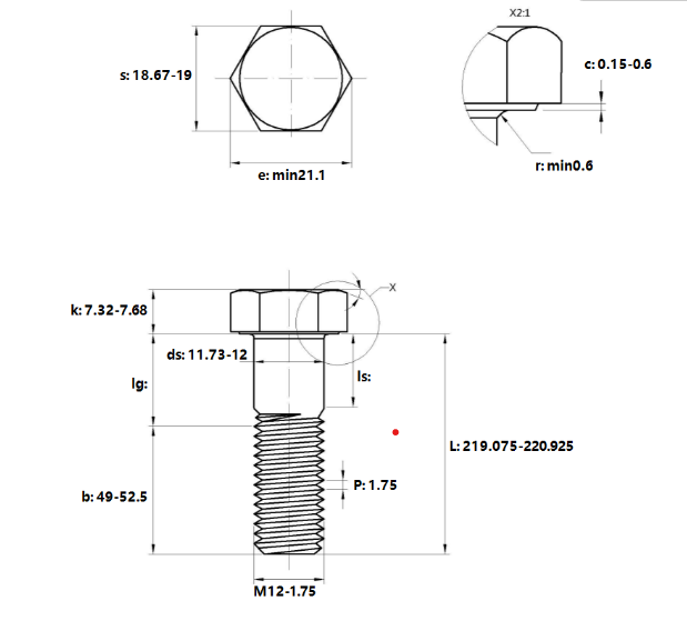 Bulong Thép Đen 8.8 DIN931 M12x220 Ren Lửng_drawing