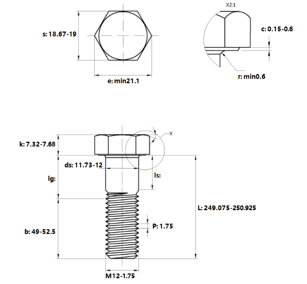 Bulong Thép Đen 8.8 DIN931 M12x250 Ren Lửng_drawing