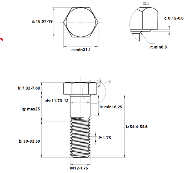 Bulong Thép Đen 8.8 DIN931 M12x55 Ren Lửng_drawing