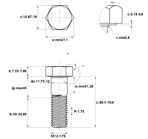 Bulong Thép Đen 8.8 DIN931 M12x70 Ren Lửng_drawing
