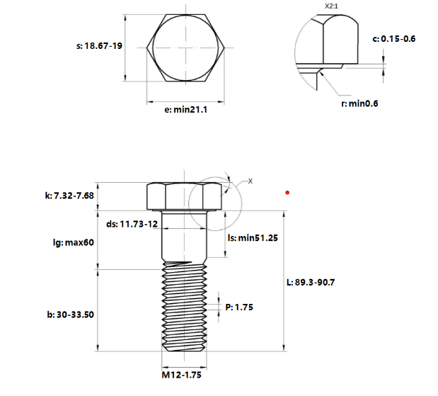 Bulong Thép Đen 8.8 DIN931 M12x90 Ren Lửng_drawing