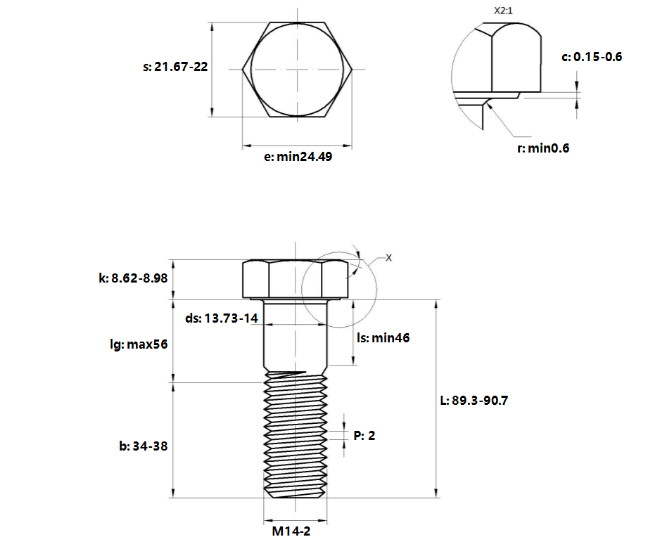 Bulong Thép Đen 10.9 DIN931 M14x90 Ren Lửng_drawing