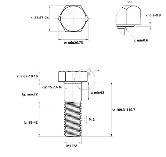 Bulong Thép Đen 8.8 DIN931 M16x110 Ren Lửng_drawing