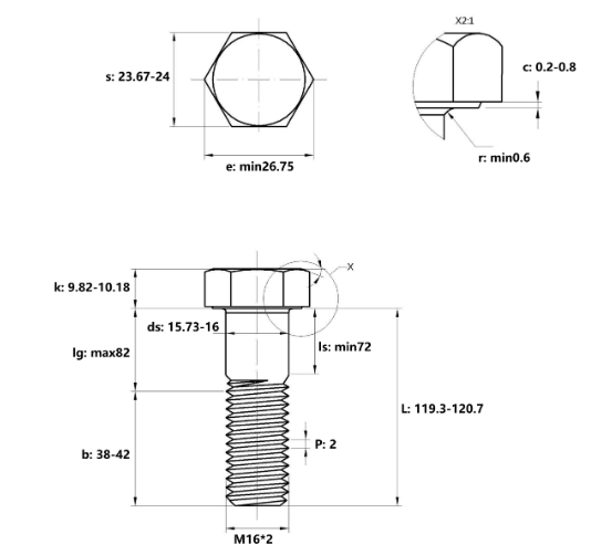 Bulong Thép Đen 8.8 DIN931 M16x120 Ren Lửng_drawing