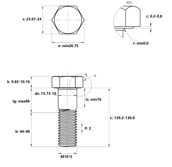 Bulong Thép Đen 8.8 DIN931 M16x130 Ren Lửng_drawing