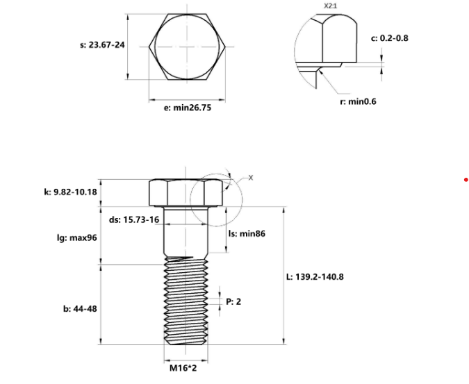 Bulong Thép Đen 8.8 DIN931 M16x140 Ren Lửng_drawing