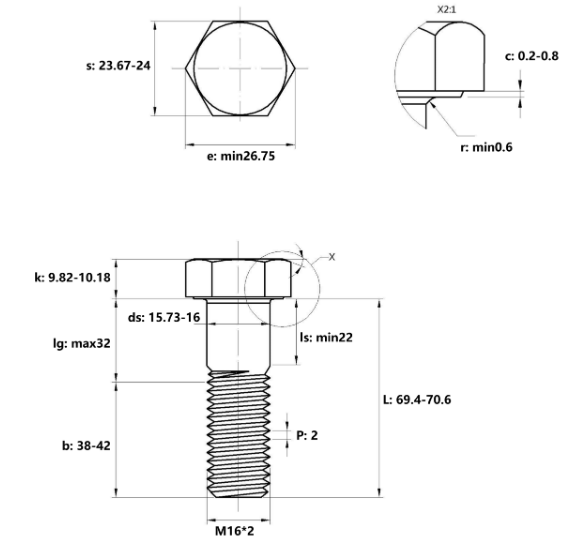 Bulong Thép Đen 8.8 DIN931 M16x70 Ren Lửng_drawing