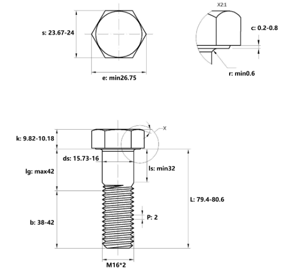 Bulong Thép Đen 8.8 DIN931 M16x80 Ren Lửng_drawing