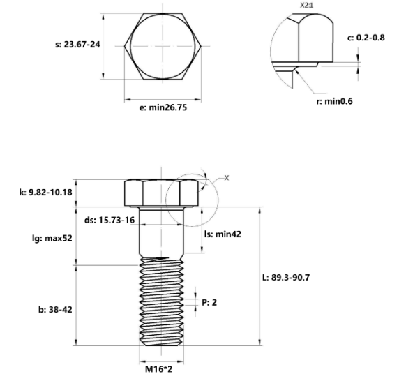 Bulong Thép Đen 8.8 DIN931 M16x90 Ren Lửng_drawing