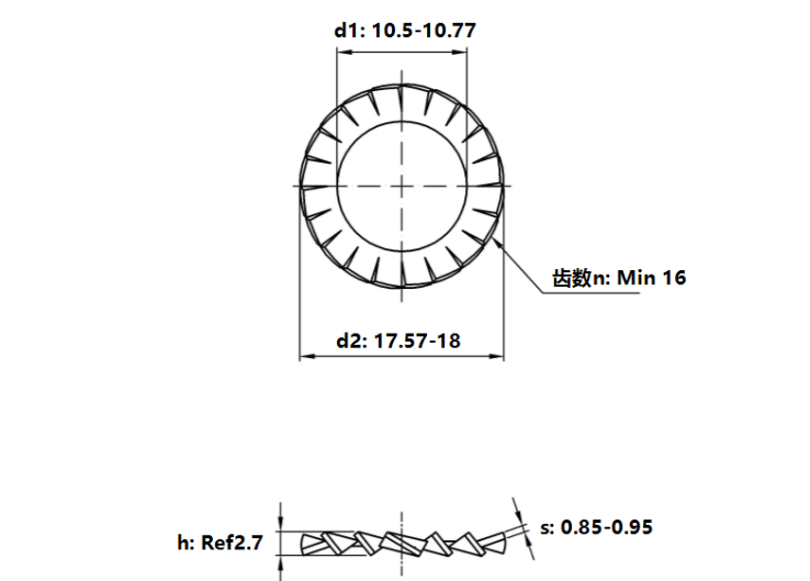 Lông Đền Răng Ngoài Loại A Thép Mạ Kẽm DIN6798A M10_drawing