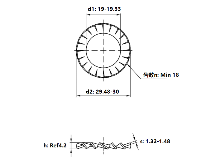 Lông Đền Răng Ngoài Loại A Thép Mạ Kẽm DIN6798A M18_drawing