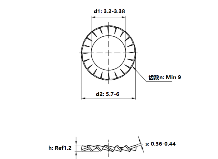 Lông Đền Răng Ngoài Loại A Inox 304 DIN6798A M3_drawing