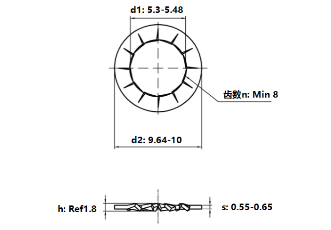 Lông Đền Răng Trong Loại J Thép Mạ Kẽm Trắng Cr3+ 4.8 DIN6798J M5_drawing
