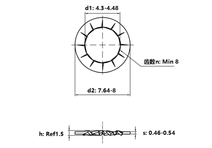 Lông Đền Răng Trong Loại J Thép Mạ Kẽm Trắng Cr3+ 4.8 DIN6798J M4_drawing