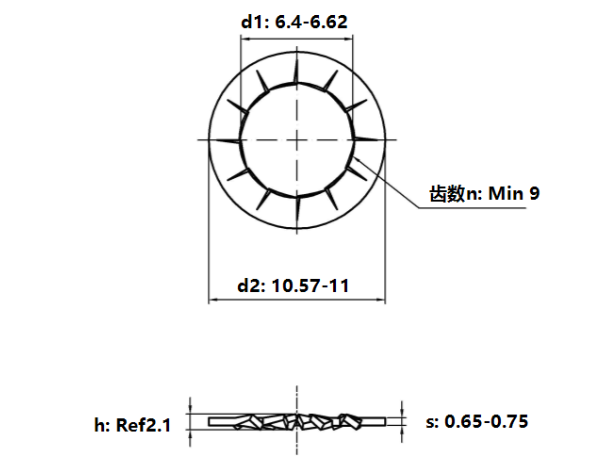 Lông Đền Răng Trong Loại J Thép Mạ Kẽm Trắng Cr3+ 4.8 DIN6798J M6_drawing