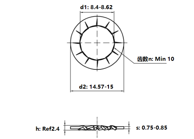 Lông Đền Răng Trong Loại J Thép Mạ Kẽm Trắng Cr3+ 4.8 DIN6798J M8_drawing