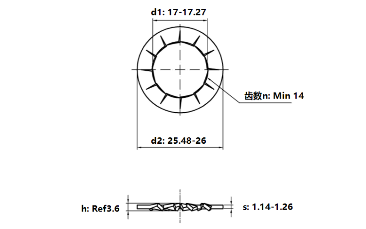 Lông Đền Răng Trong Loại J Thép Mạ Kẽm Trắng Cr3+ 4.8 DIN6798J M16_drawing