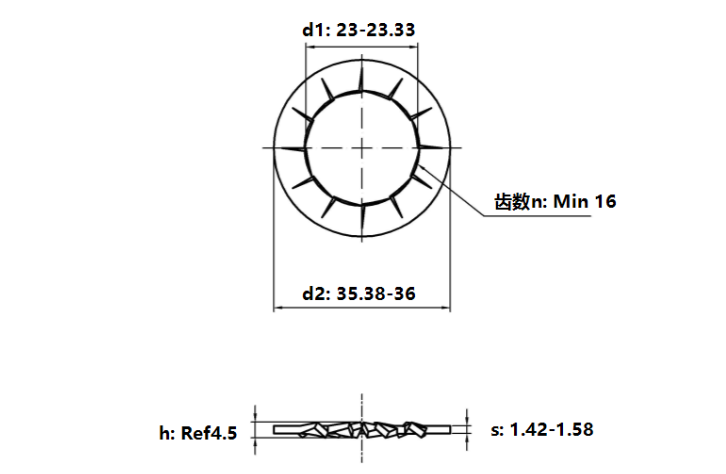 Lông Đền Răng Trong Loại J Thép Mạ Kẽm Trắng Cr3+ 4.8 DIN6798J M22_drawing