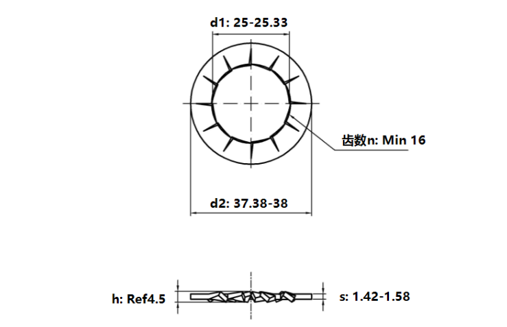 Lông Đền Răng Trong Loại J Thép Mạ Kẽm Trắng Cr3+ 4.8 DIN6798J M24_drawing