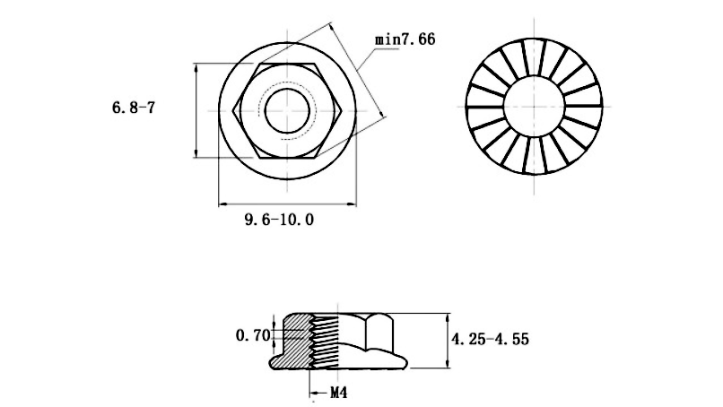 Tán Khía Thép Mạ Kẽm 8.8 DIN6923 M4_drawing