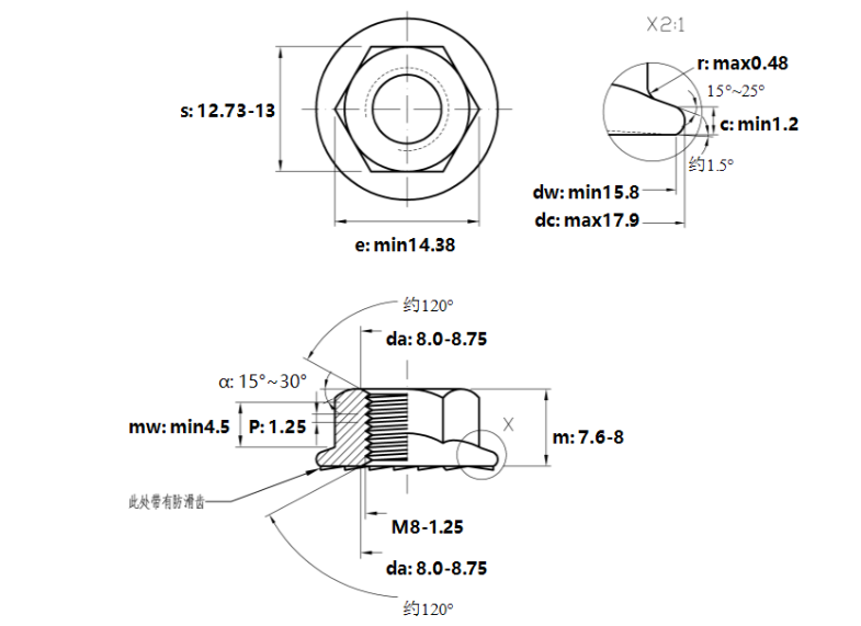 Tán Khía Thép Mạ Kẽm Trắng Cr3+ 8.8 DIN6923 M8_drawing