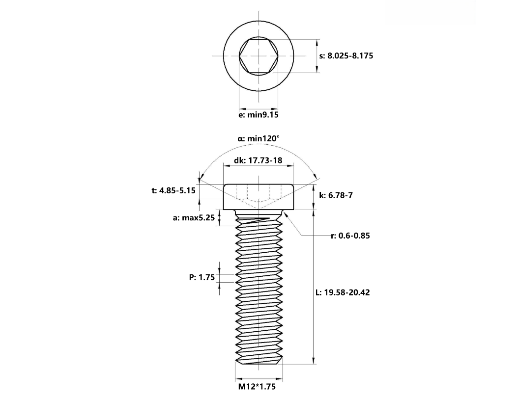 Lục Giác Trụ Đầu Thấp Inox 304 DIN7984 M12x20_drawing