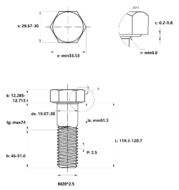 Bulong Thép Đen 8.8 DIN931 M20x120 Ren Lửng_drawing