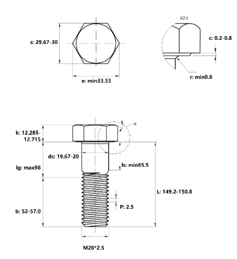Bulong Thép Đen 8.8 DIN931 M20x150 Ren Lửng_drawing