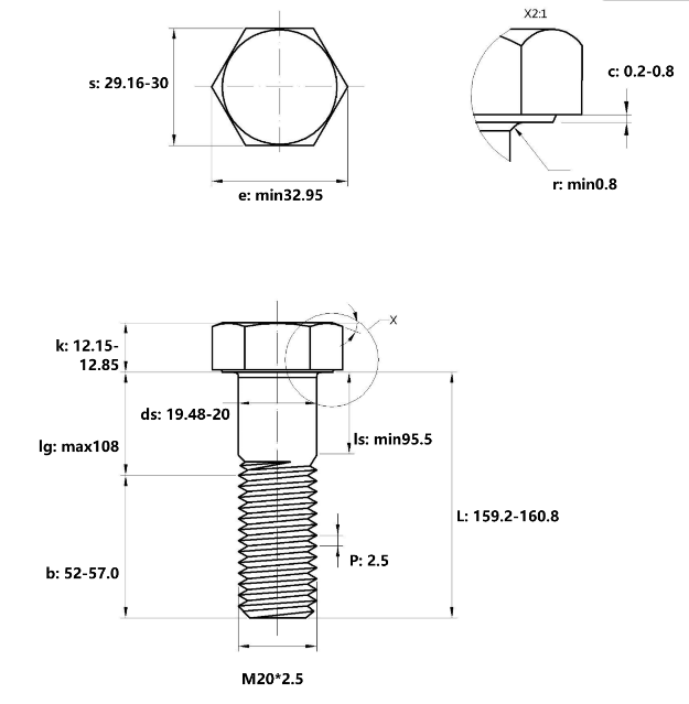 Bulong Thép Đen 8.8 DIN931 M20x160 Ren Lửng_drawing