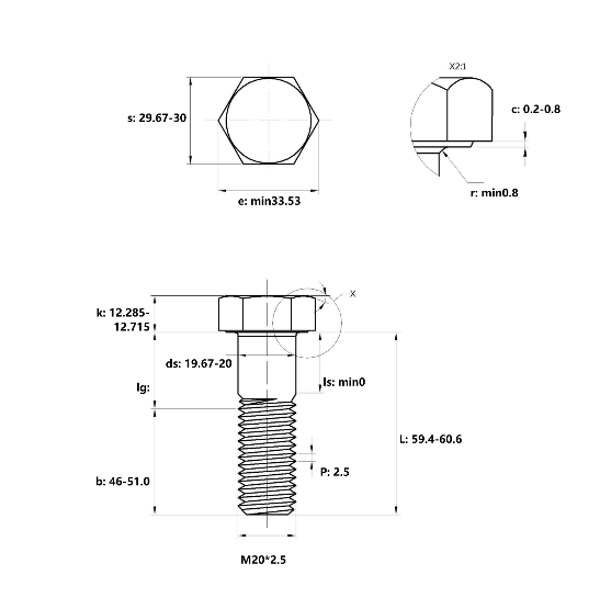 Bulong Thép Đen 8.8 DIN931 M20x60 Ren Lửng_drawing