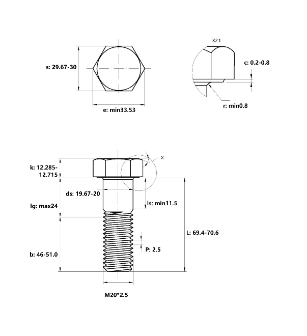 Bulong Mạ Kẽm Trắng Cr3+ 8.8 DIN931 M20x70 Ren Lửng_drawing