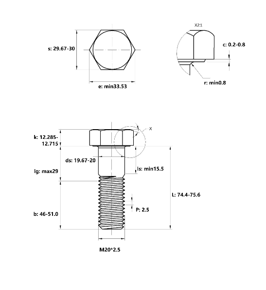 Bulong Thép Đen 8.8 DIN931 M20x75 Ren Lửng_drawing