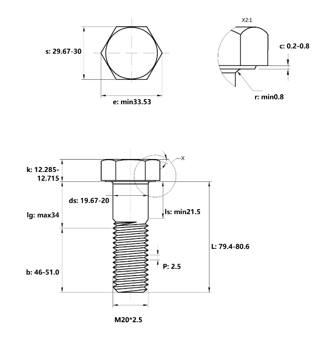 Bulong Thép Đen 8.8 DIN931 M20x80 Ren Lửng_drawing