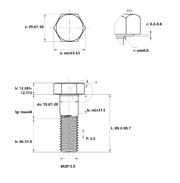 Bulong Thép Đen 8.8 DIN931 M20x90 Ren Lửng_drawing