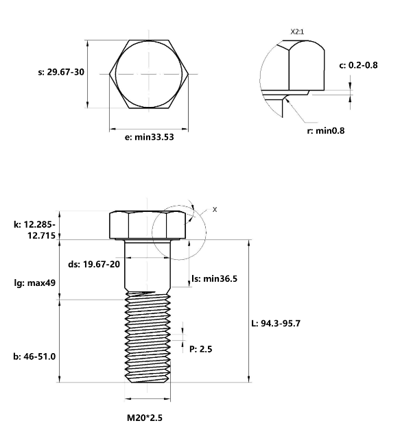 Bulong Thép Đen 10.9 DIN931 M20x95 Ren Lửng_drawing