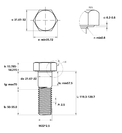 Bulong Mạ Kẽm Trắng Cr3+ 8.8 DIN931 M22x120 Ren Lửng_drawing