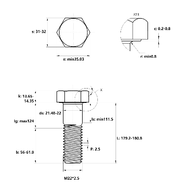 Bulong Thép Đen 8.8 DIN931 M22x180 Ren Lửng_drawing