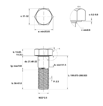 Bulong Thép Đen 8.8 DIN931 M22x200 Ren Lửng_drawing